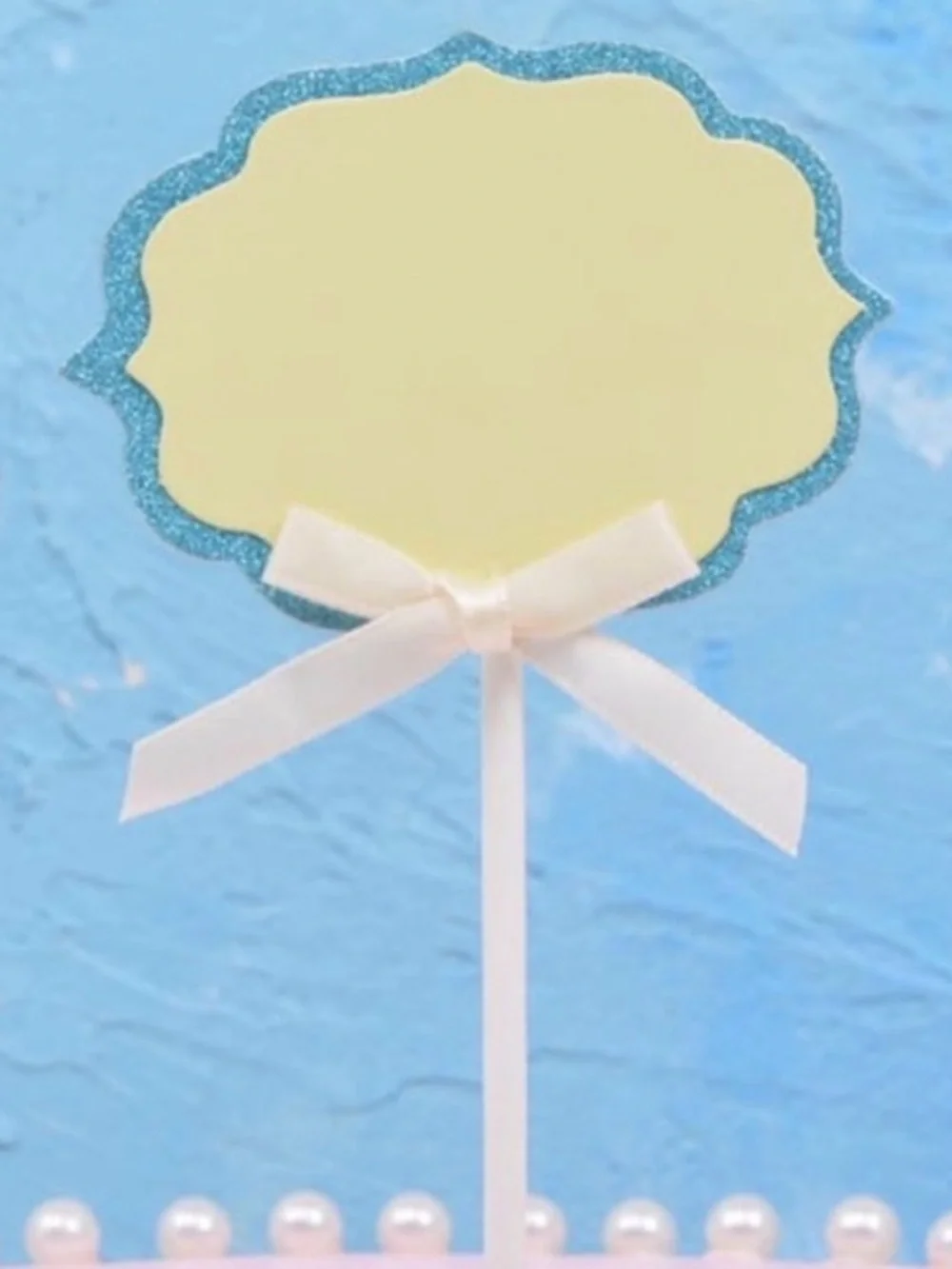 💞 New Pack of 10 Cream & Blue Glitter Buffet Food Label Cupcake Toppers